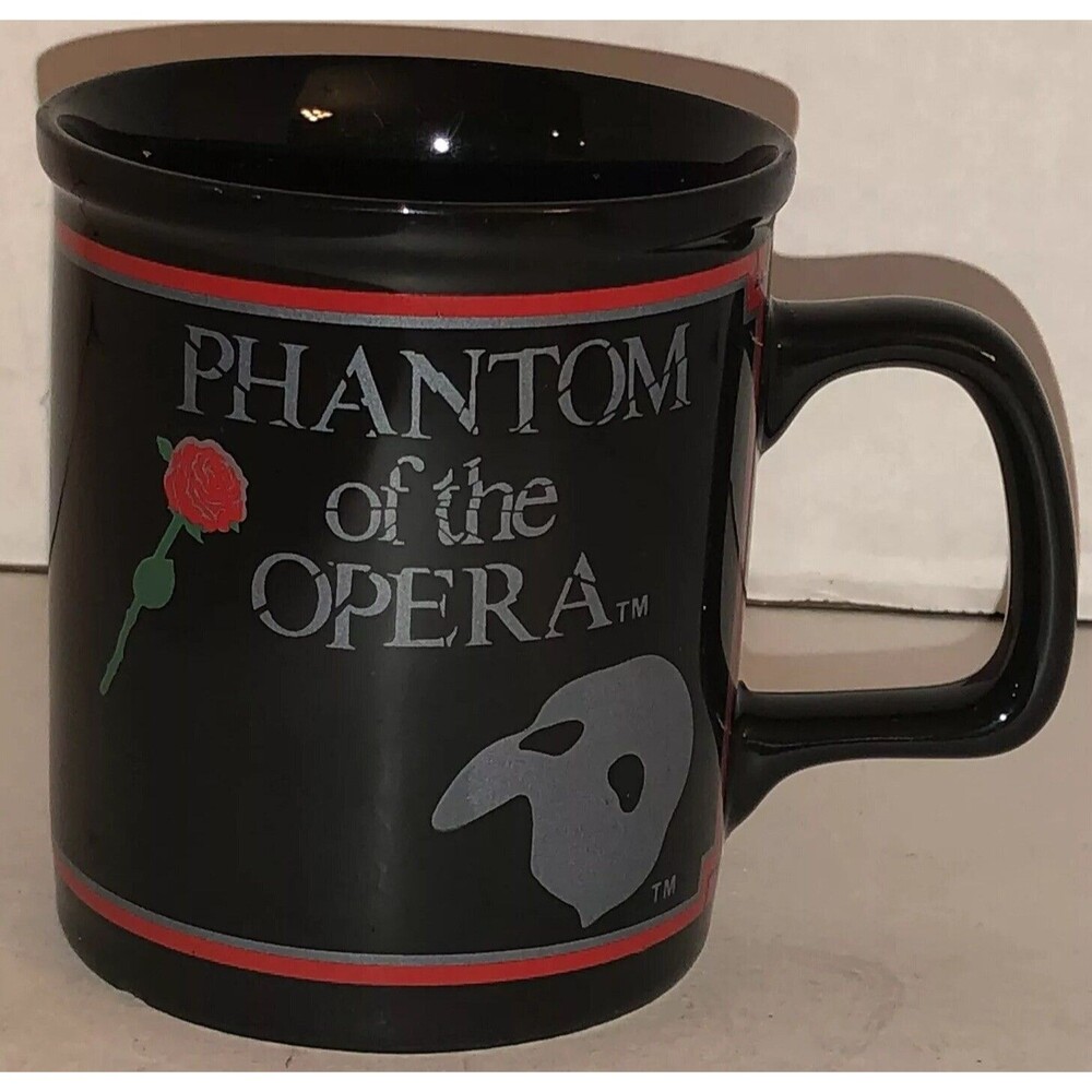 Vintage 80s PHANTOM OF THE OPERA 1988 Coffee Mug Cup BLACK RED ROSE MASK Enesco